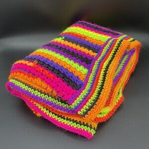 Afghan Crocheted Blanket Throw Halloween Stripe Orange Black Purple Handmade
